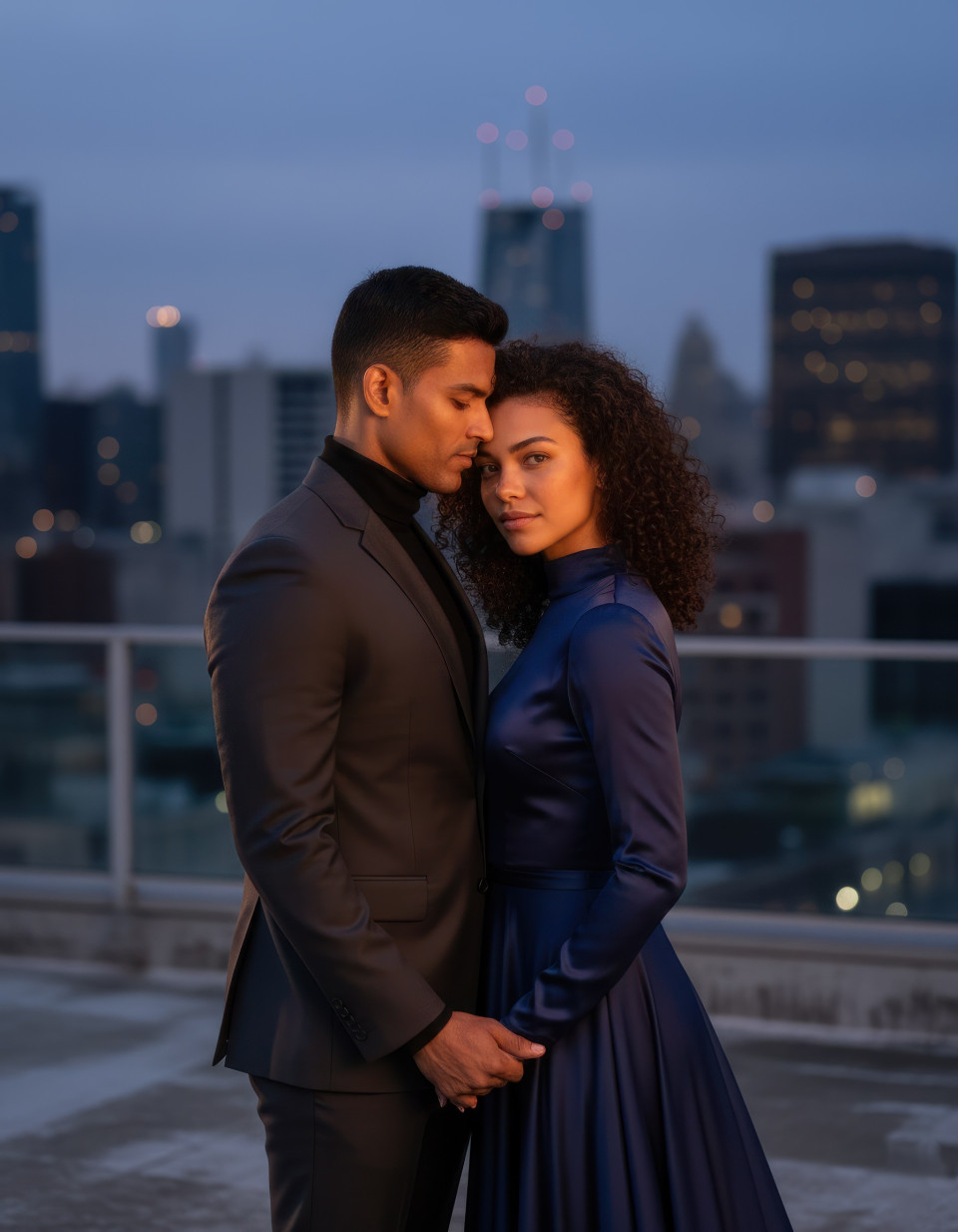 Cinematic couple engagement on city rooftop at twilight google gemini prompt
