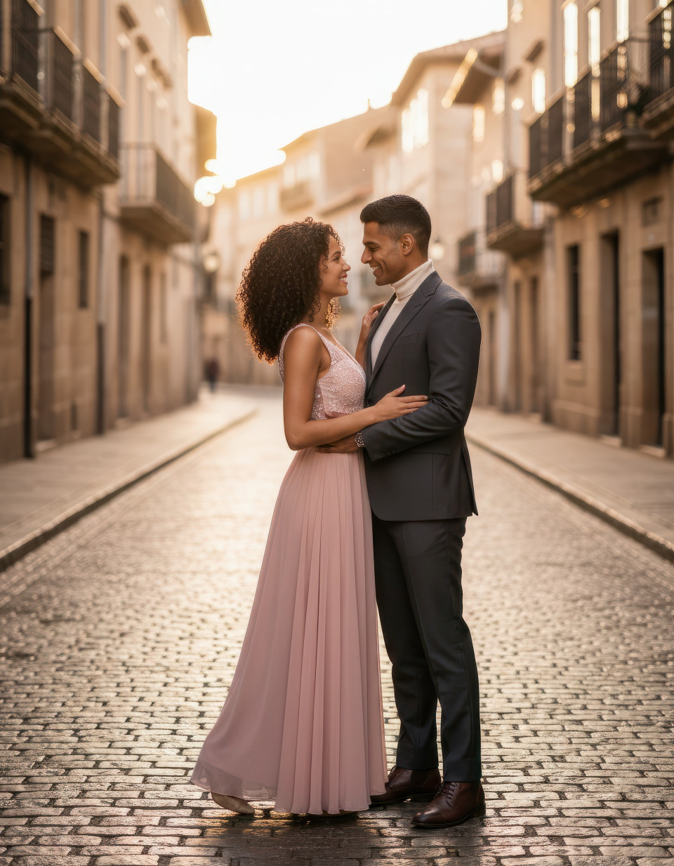 Cinematic heterosexual couple engagement in cobblestone european street google gemini prompt