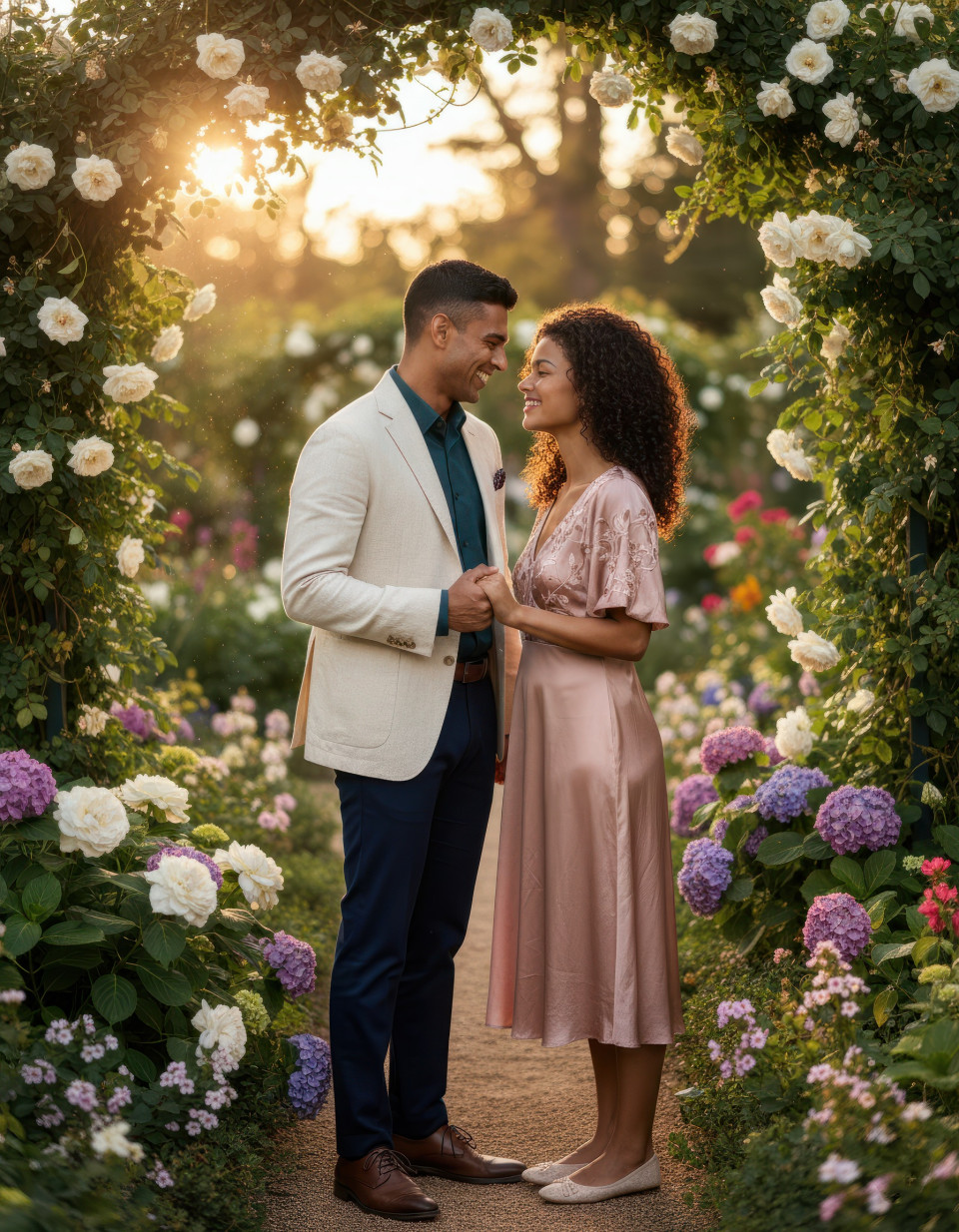 Cinematic couple engagement in blooming botanical garden google gemini prompt