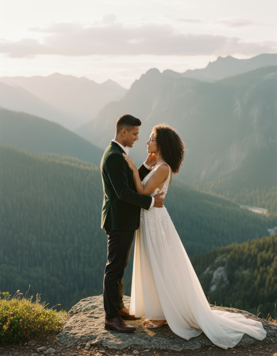 Cinematic engagement couple in mountain landscape google gemini prompt