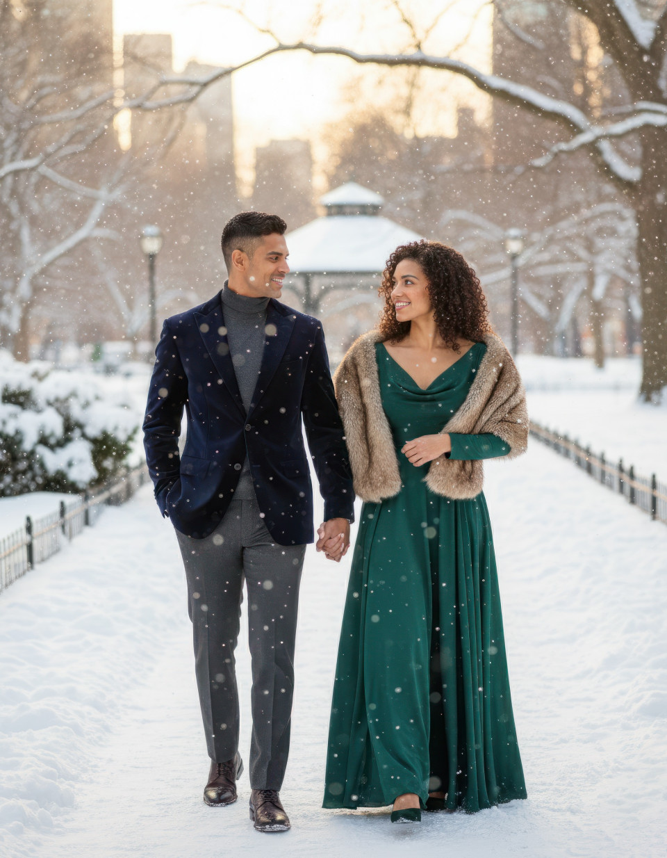 Cinematic couple engagement in snow covered park google gemini prompt