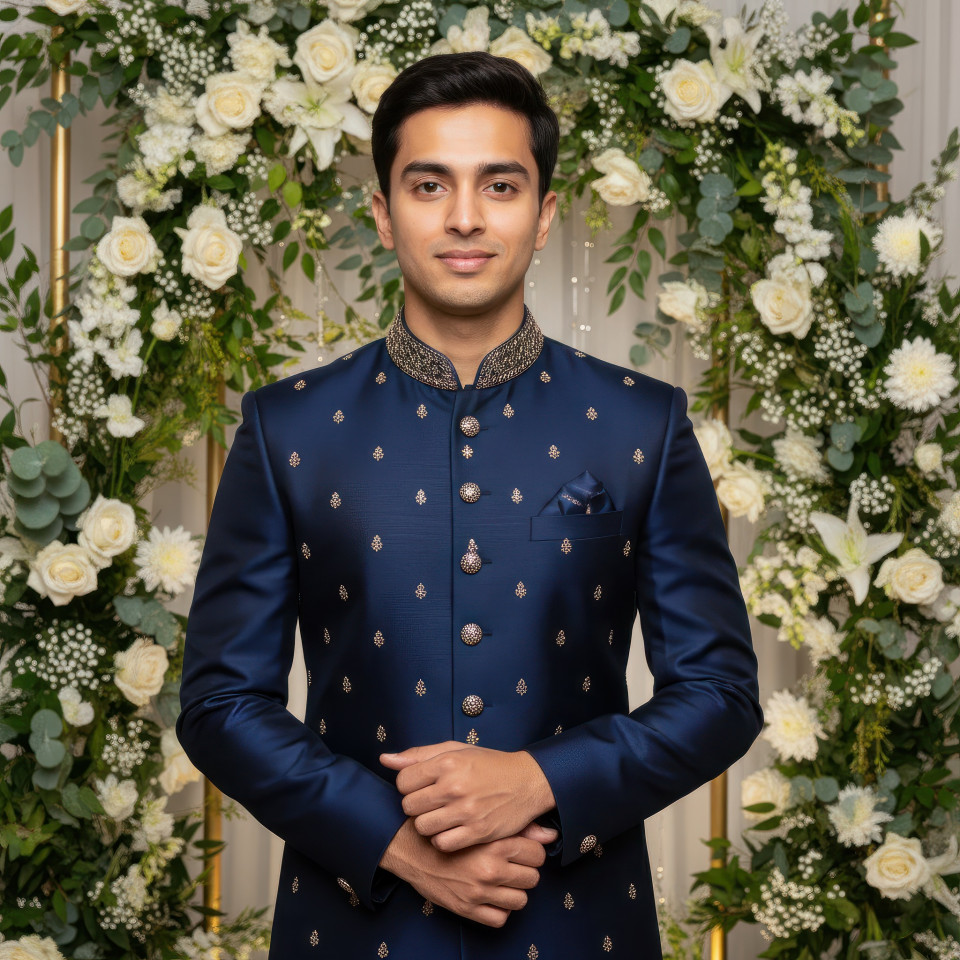 Engagement ceremony portrait of man in designer sherwani google gemini prompt