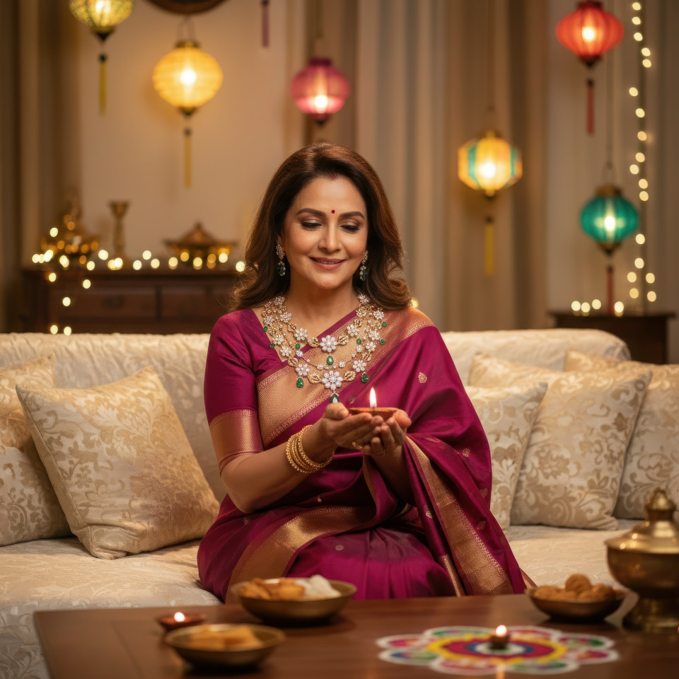 Middle aged woman celebrating diwali with jewelry google gemini prompt
