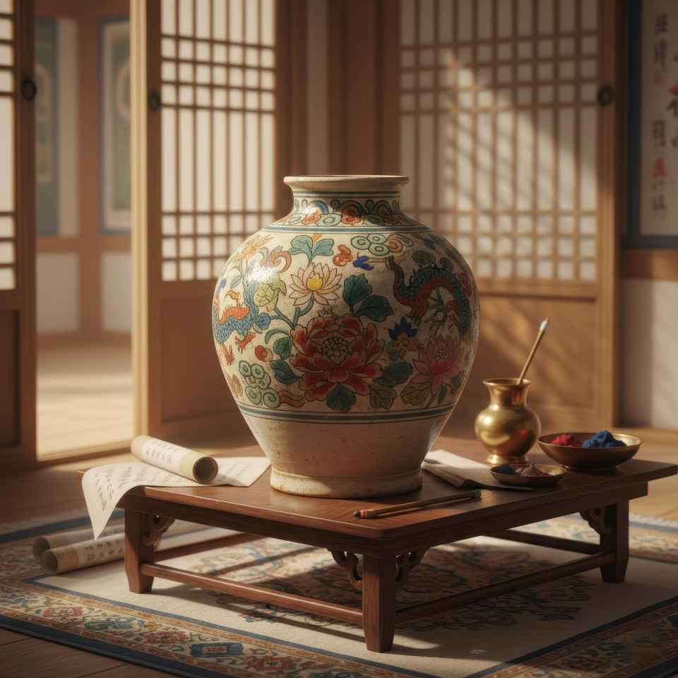 Korean minhwa pottery in hanok home with hand sculpted stoneware google gemini prompt