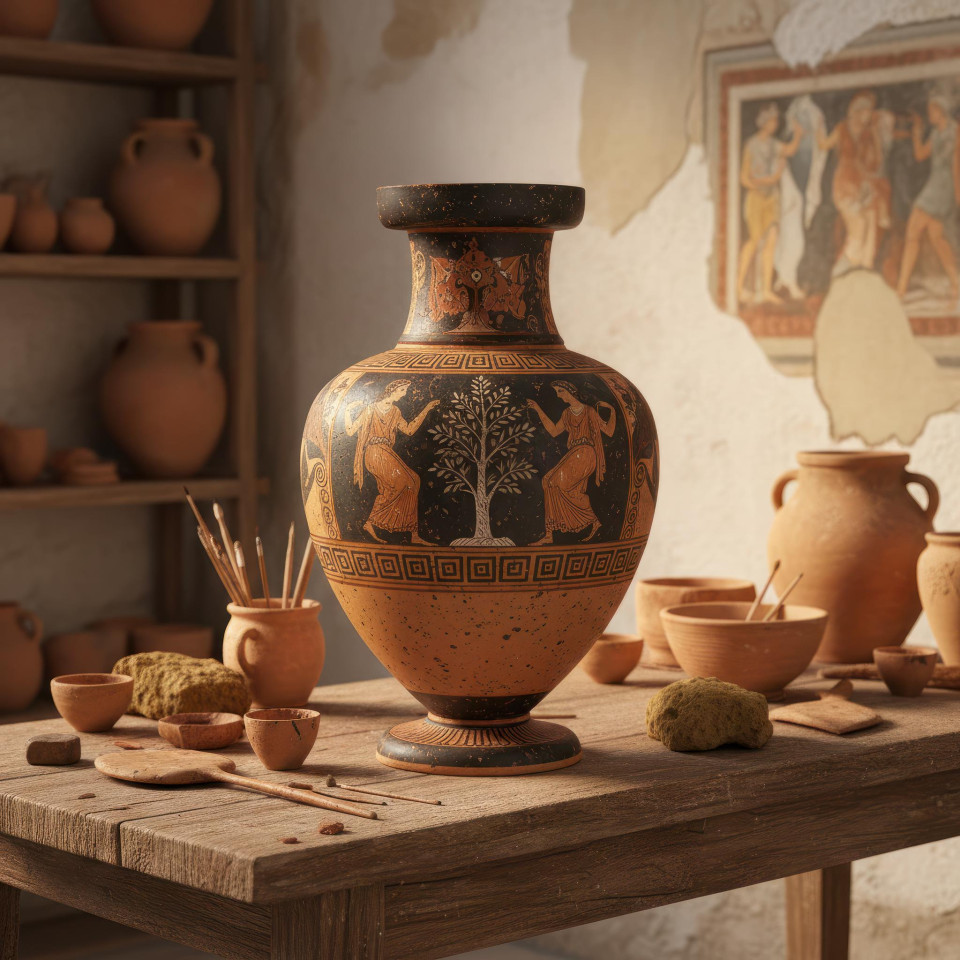 Greek classical pottery in ancient workshop with hand painted clay google gemini prompt