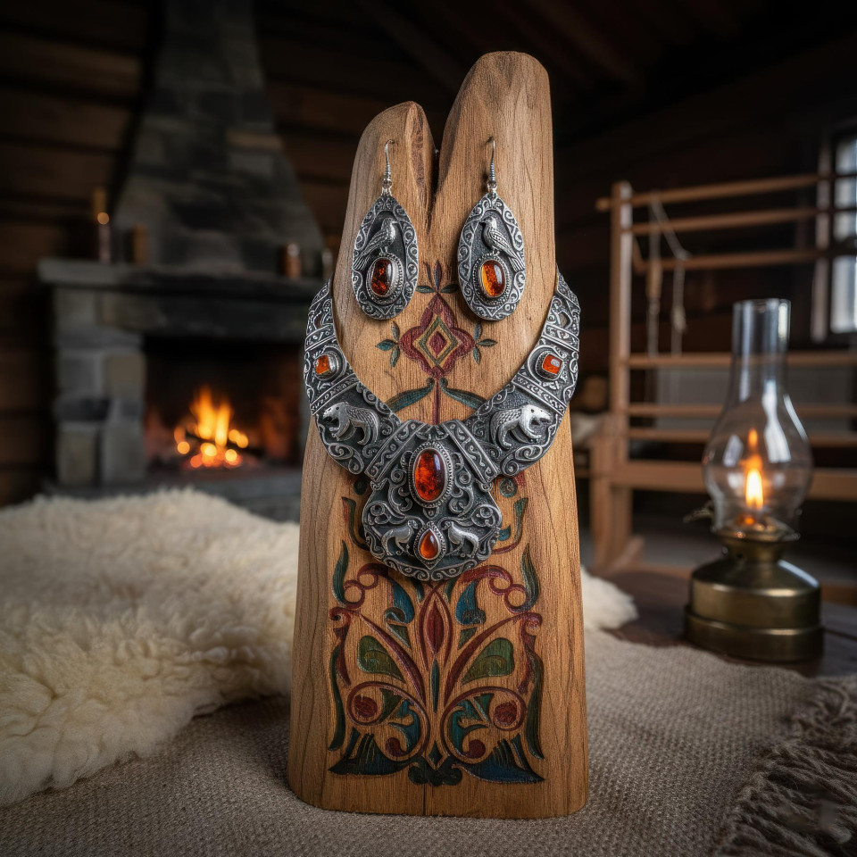 Nordic folk jewelry in rustic wooden cabin with carved pinewood google gemini prompt