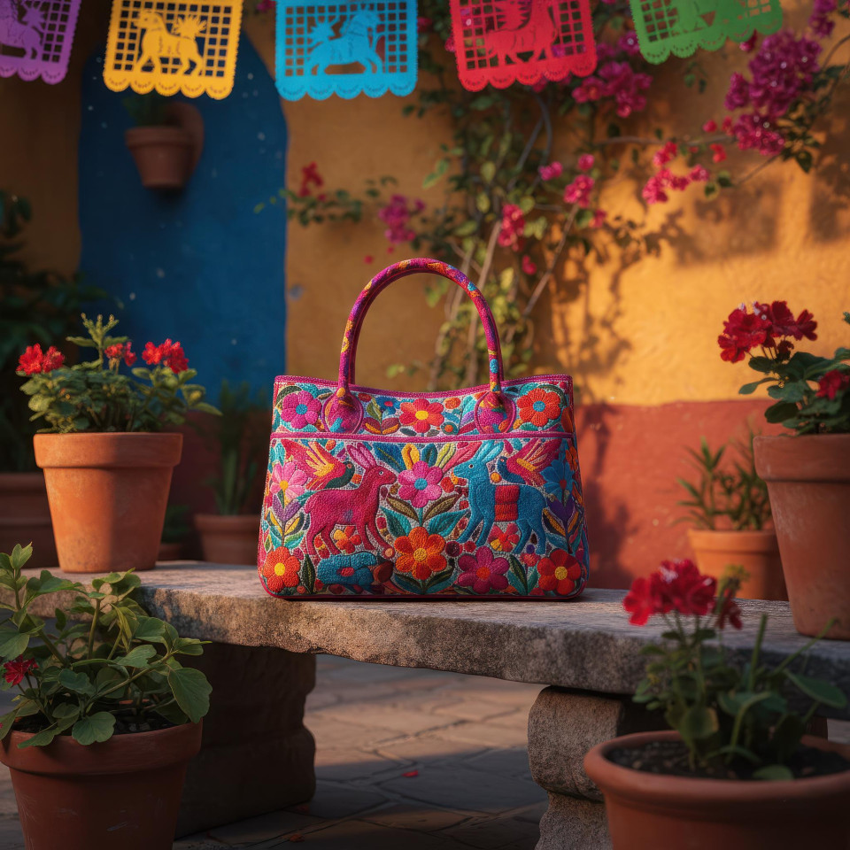 Mexican otomi handbag in colorful courtyard with hand stitched threads google gemini prompt