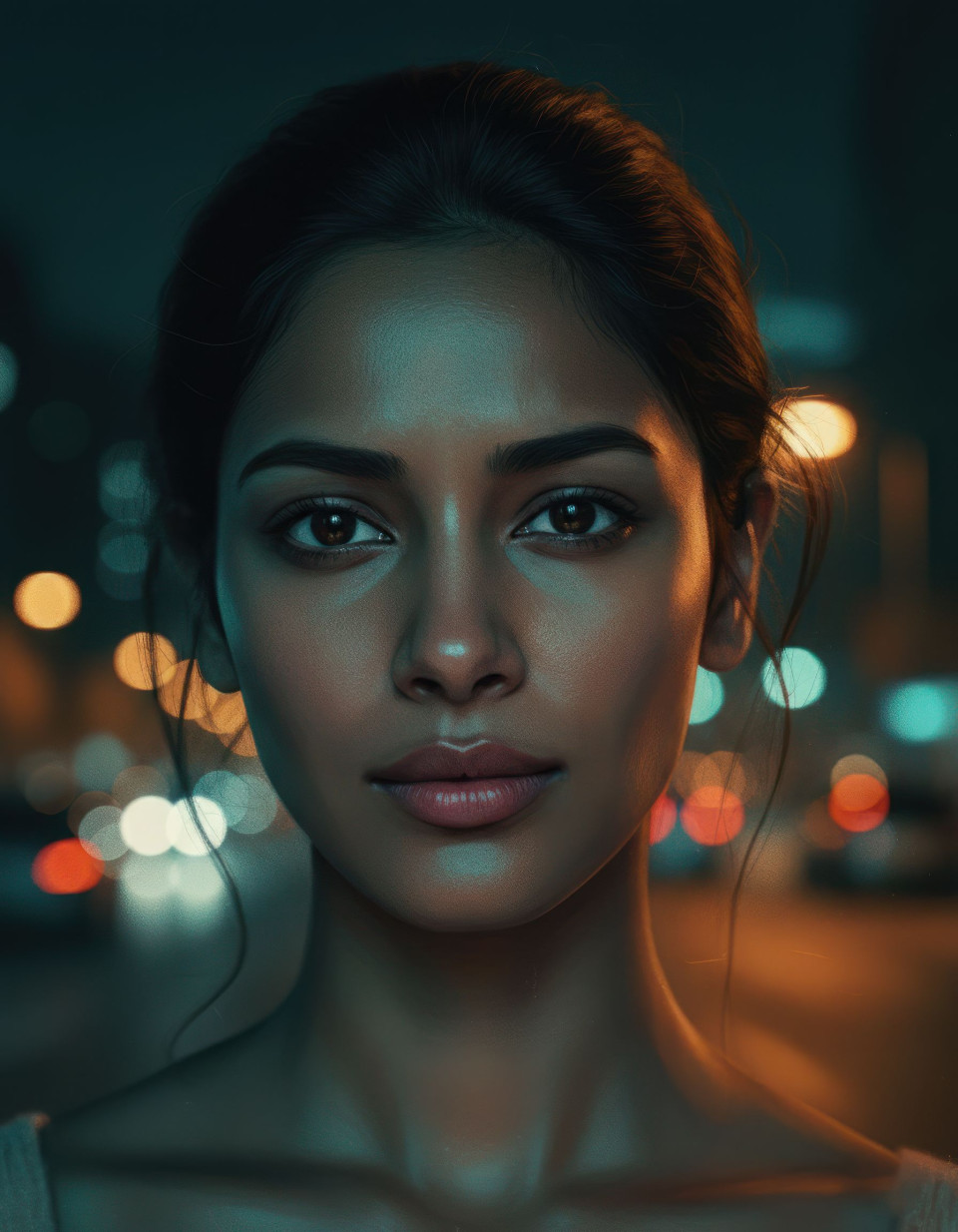 Cinematic portrait of adult woman in urban night google gemini prompt
