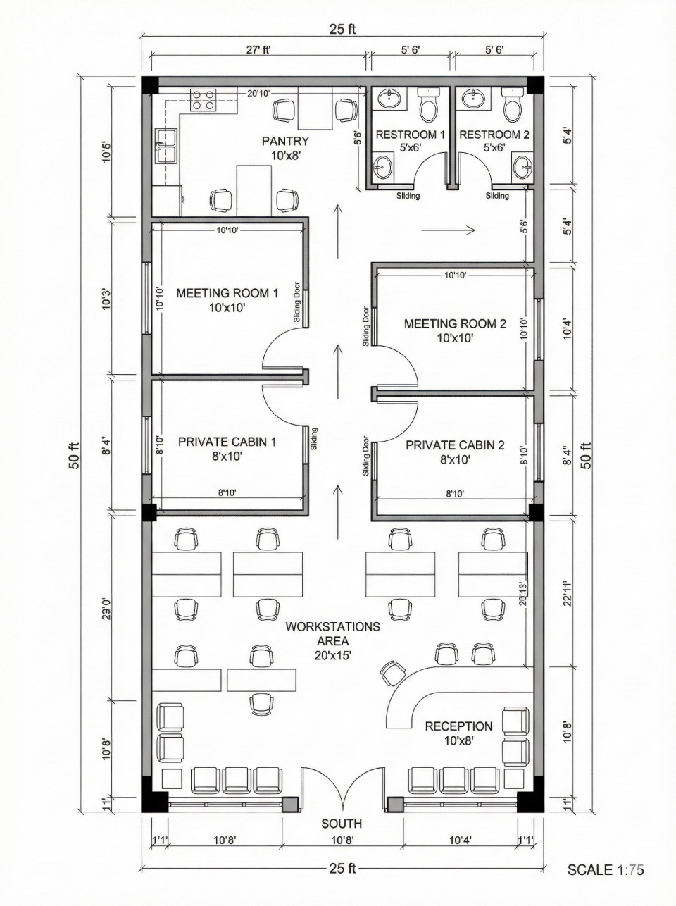 Coworking space floor plan 25x50 ft layout google gemini prompt