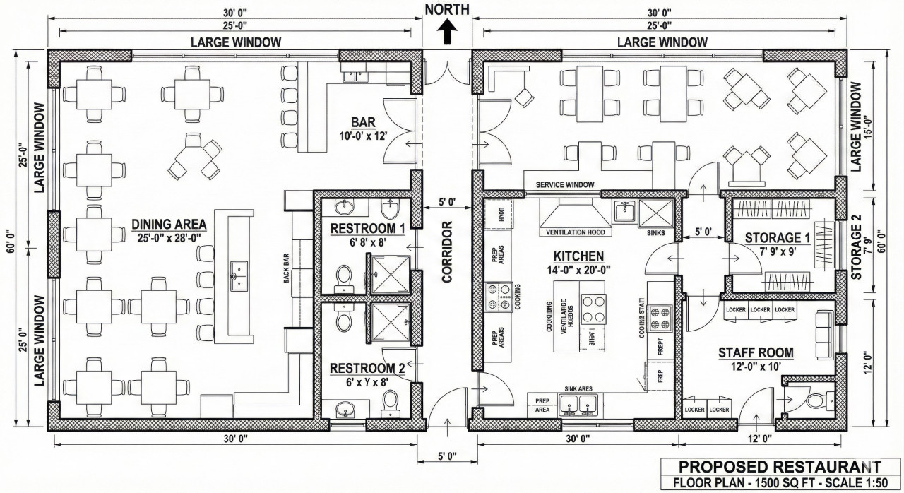 Restaurant floor plan 30x60 ft blueprint layout google gemini prompt