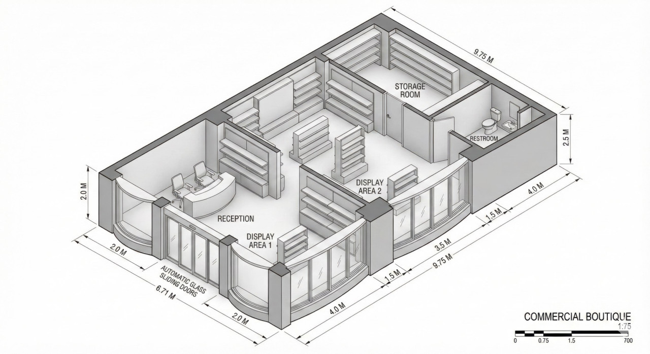 Boutique floor plan 22x32 ft isometric layout google gemini prompt