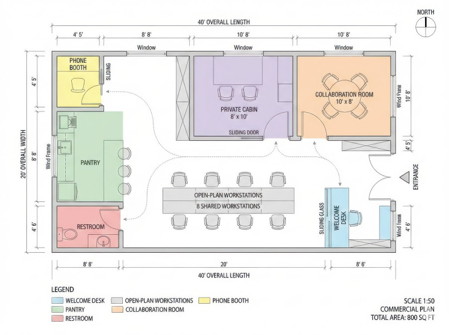 Coworking office floor plan 20x40 ft shared workspace layout google gemini prompt