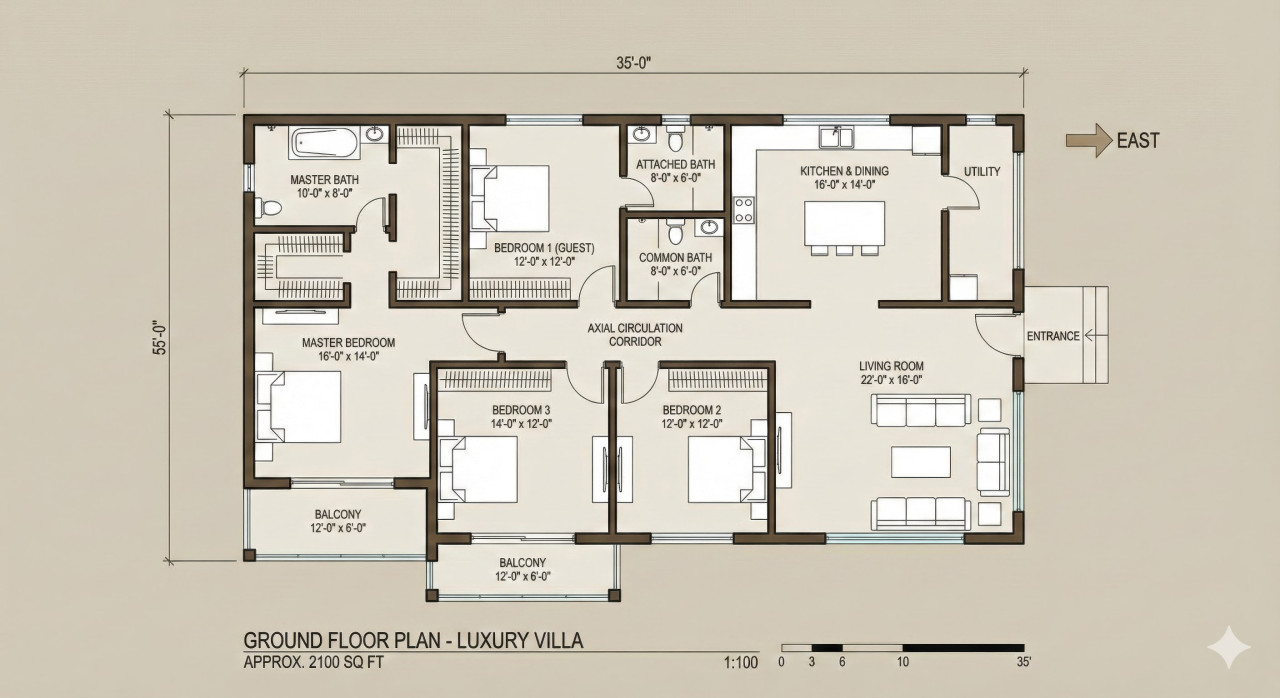Villa floor plan 35x55 ft luxury family layout google gemini prompt