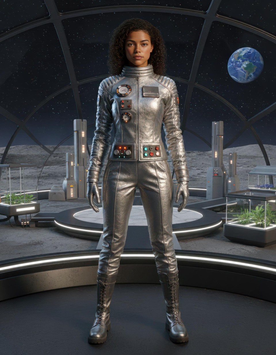Retro astro colonist uniform in domed lunar city google gemini prompt