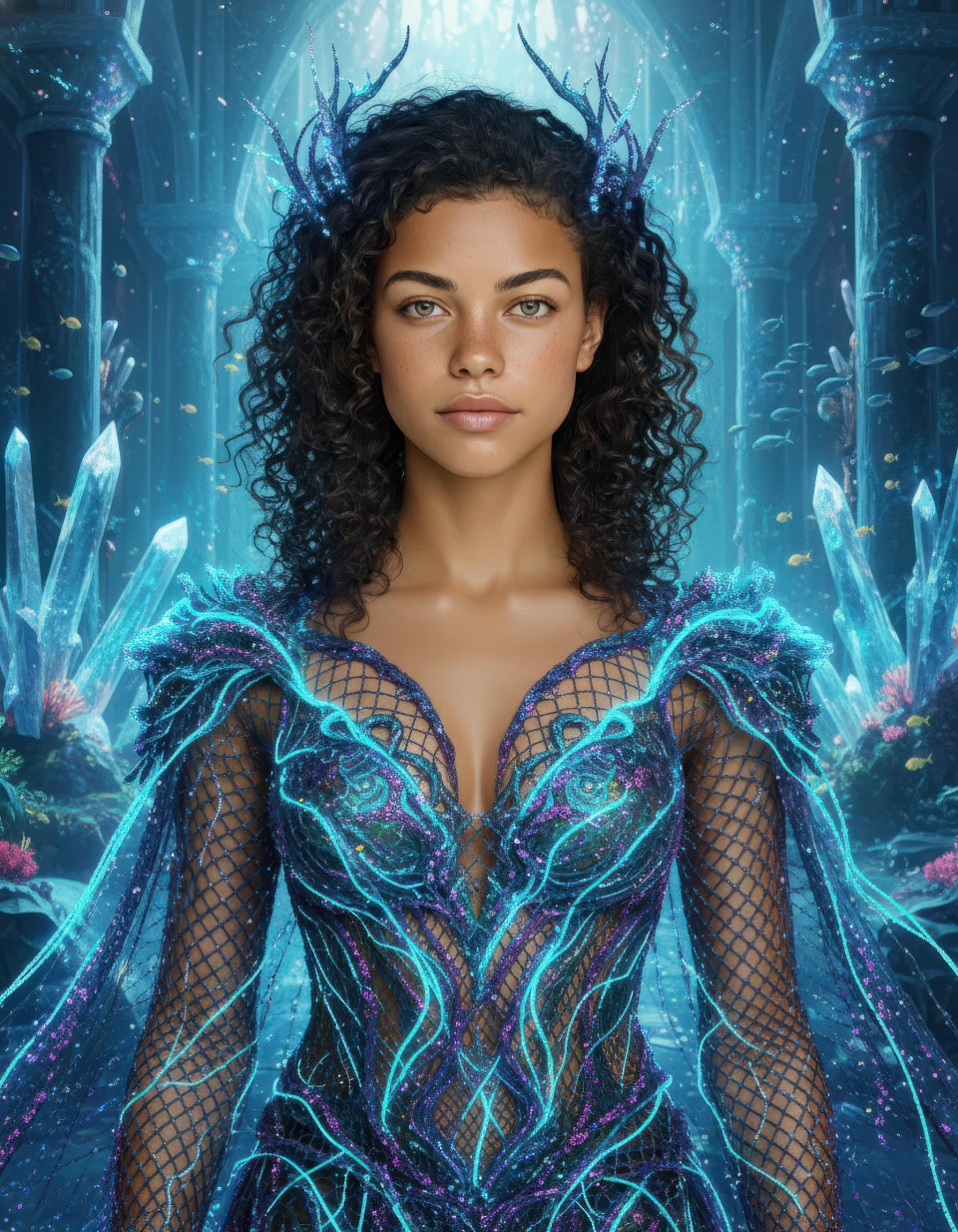 Abyssal sea monarch attire in submerged crystal palace google gemini prompt