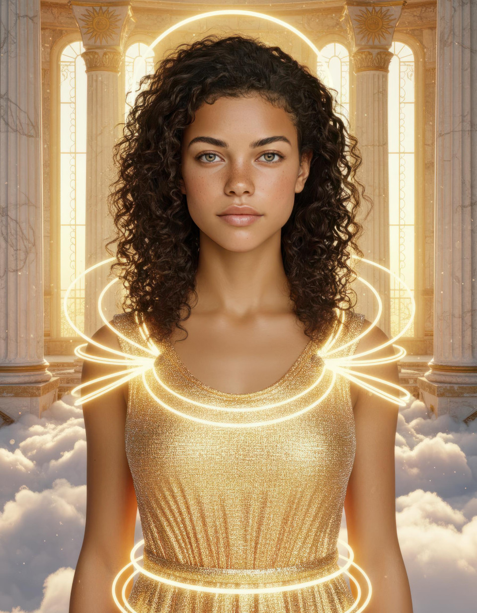 Helios ceremonial vestments in sun temple above clouds google gemini prompt