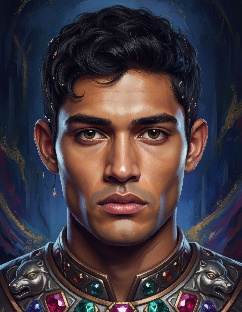 Fantasy style digital portrait of a man with metallic jewel tones google gemini prompt