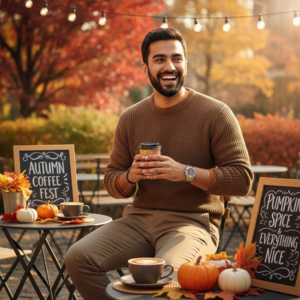 Male content creator at autumn coffee festival portrait google gemini prompt