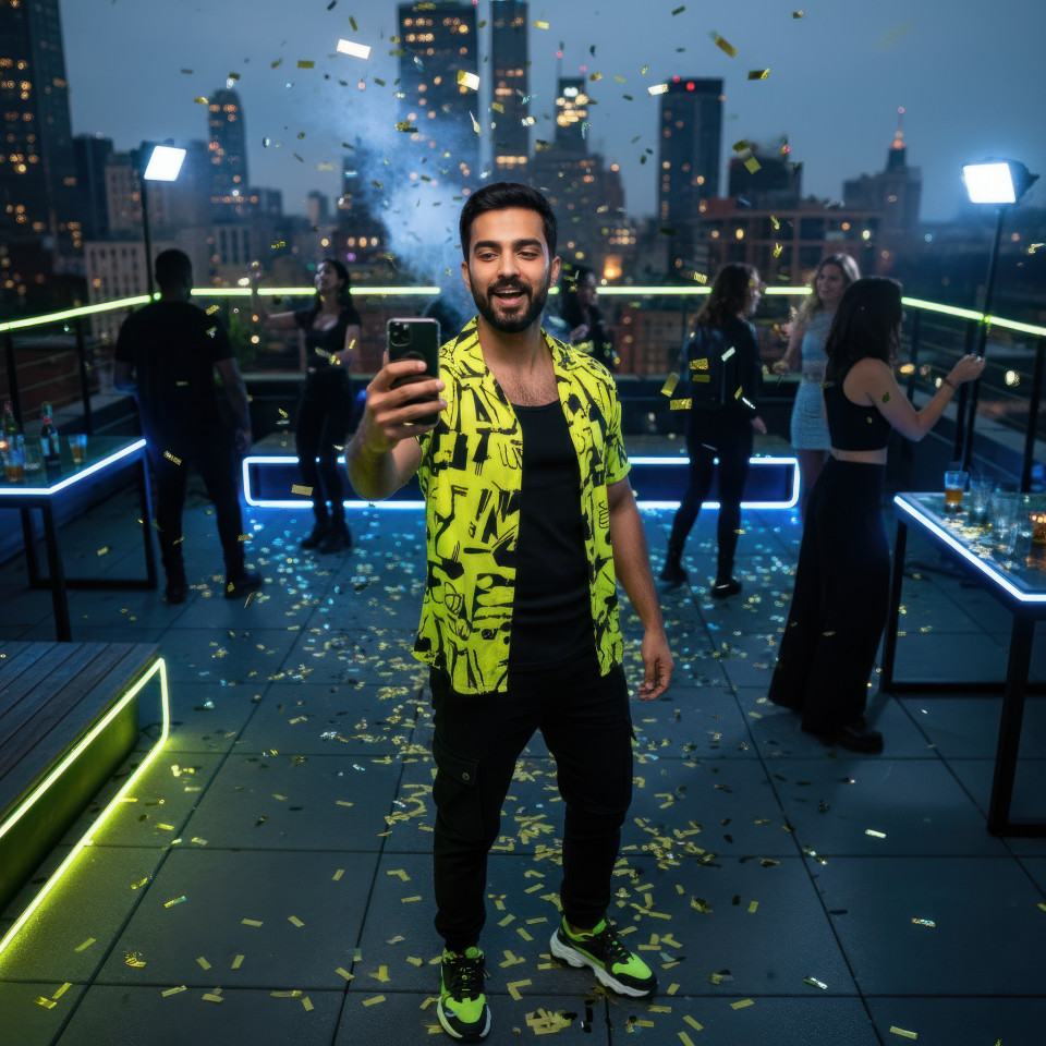 Male nightlife creator at rooftop summer party portrait google gemini prompt