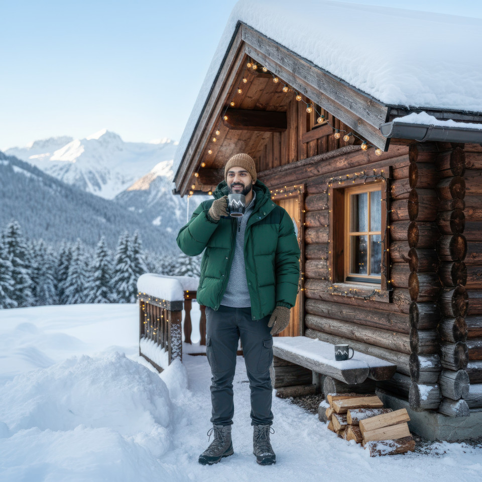 Male travel vlogger at snowy mountain retreat portrait google gemini prompt