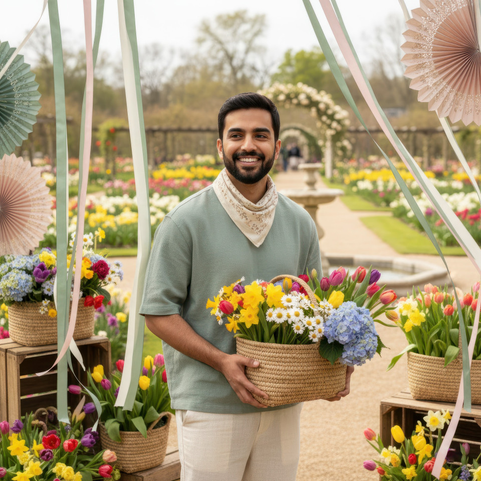 Male lifestyle creator at spring flower fair portrait google gemini prompt