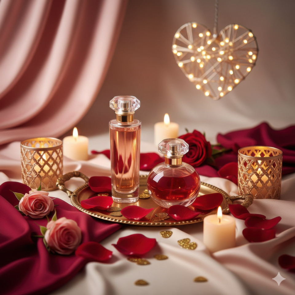 Luxury perfume bottles for valentines day campaign google gemini prompt