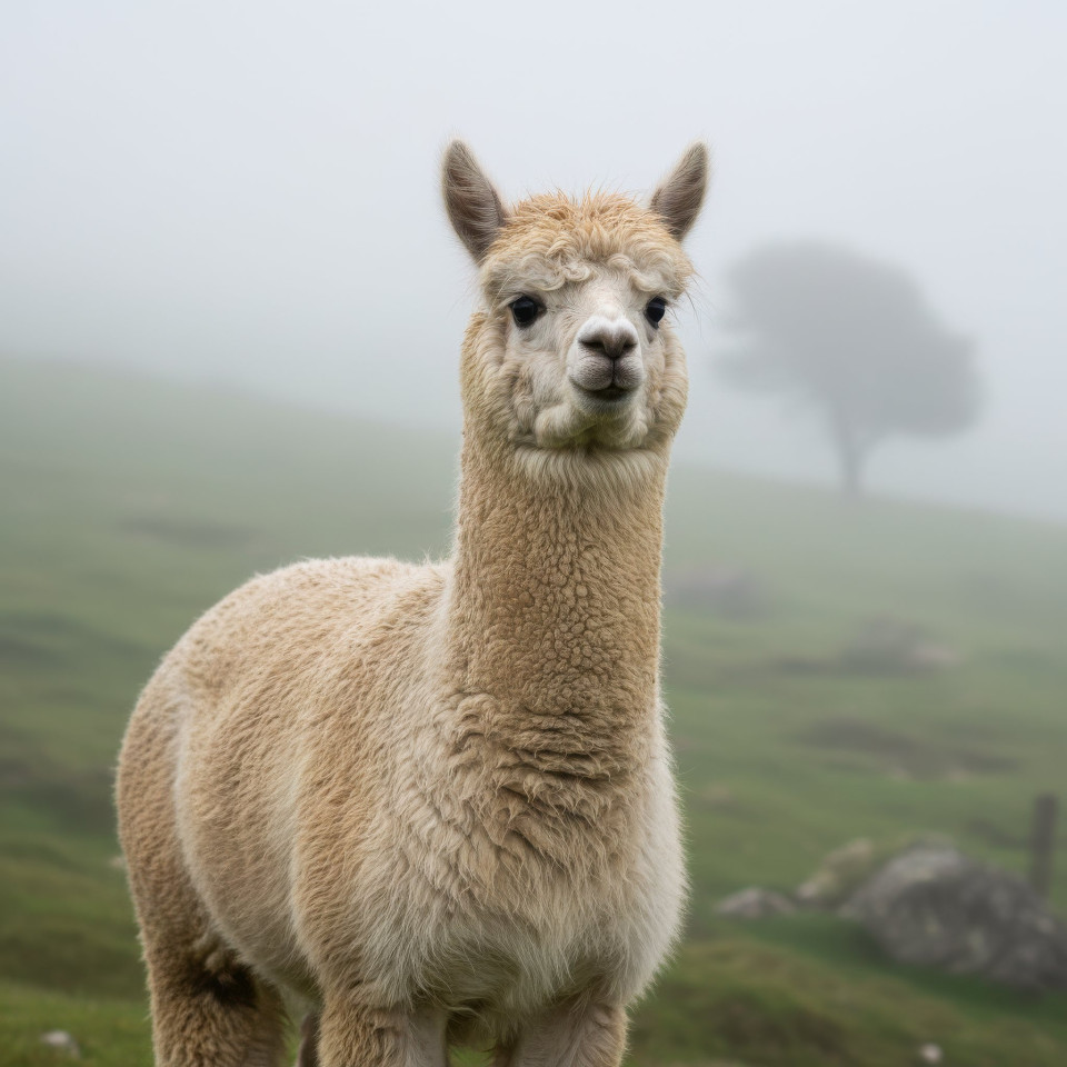 Huacaya alpaca standing on misty hillside google gemini prompt