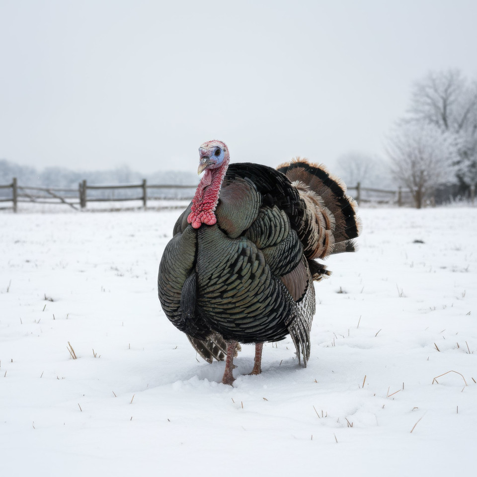 Bronze turkey standing in snowy pasture google gemini prompt
