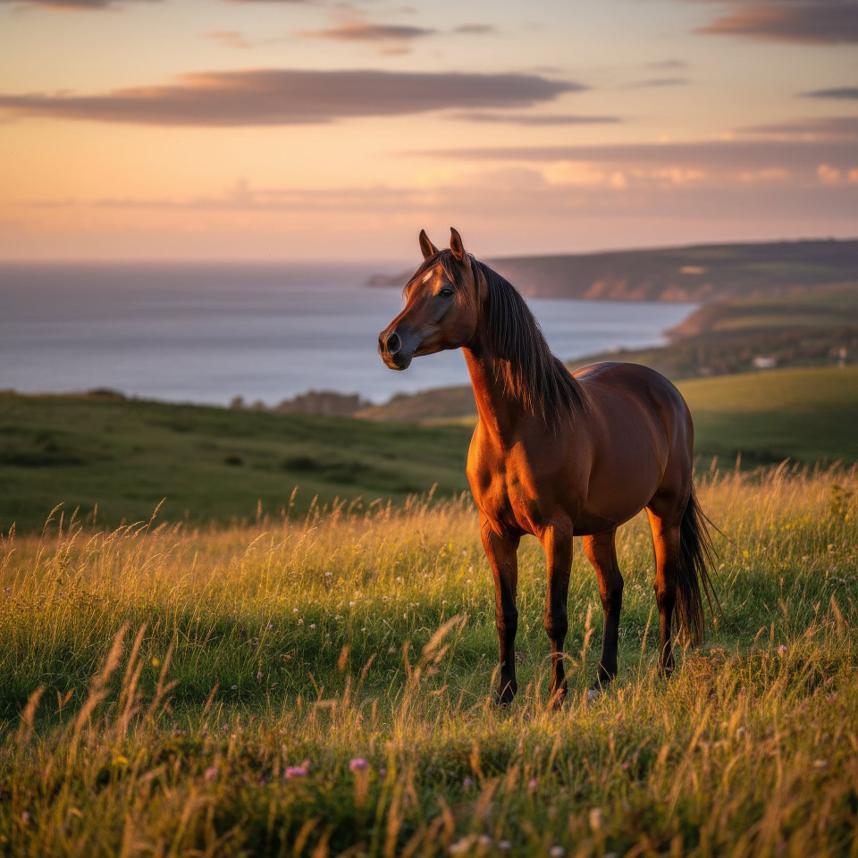 Arabian horse standing in coastal grassland sunset google gemini prompt