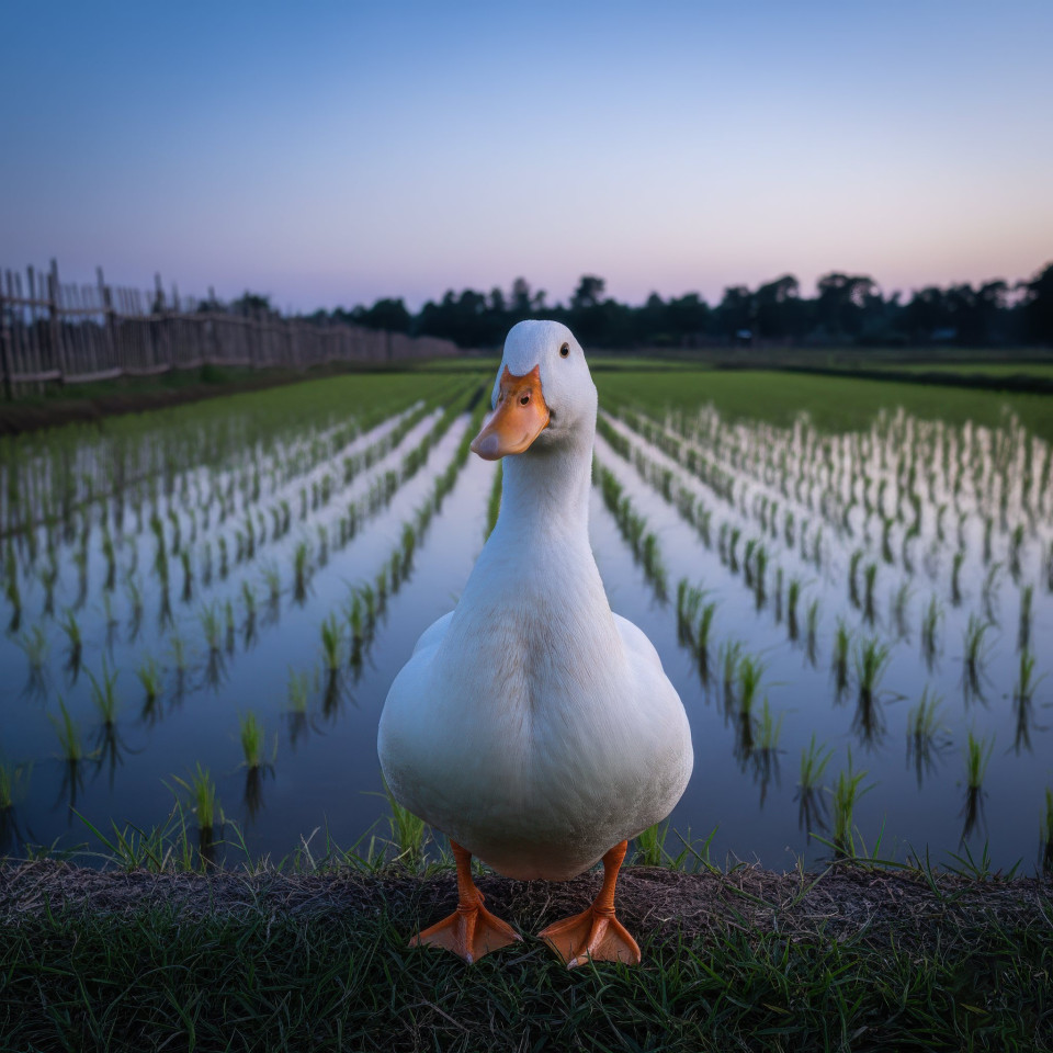 Pekin duck standing near rice paddy edge google gemini prompt