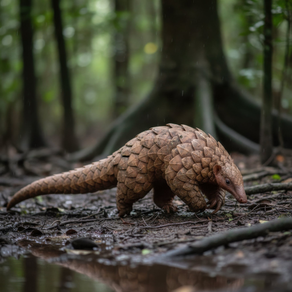 Pangolin in swamp forest overcast day google gemini prompt