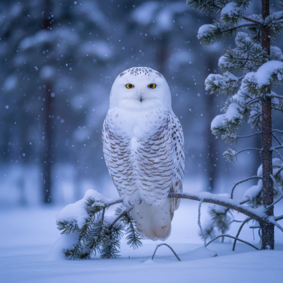 Snowy owl in boreal forest twilight google gemini prompt