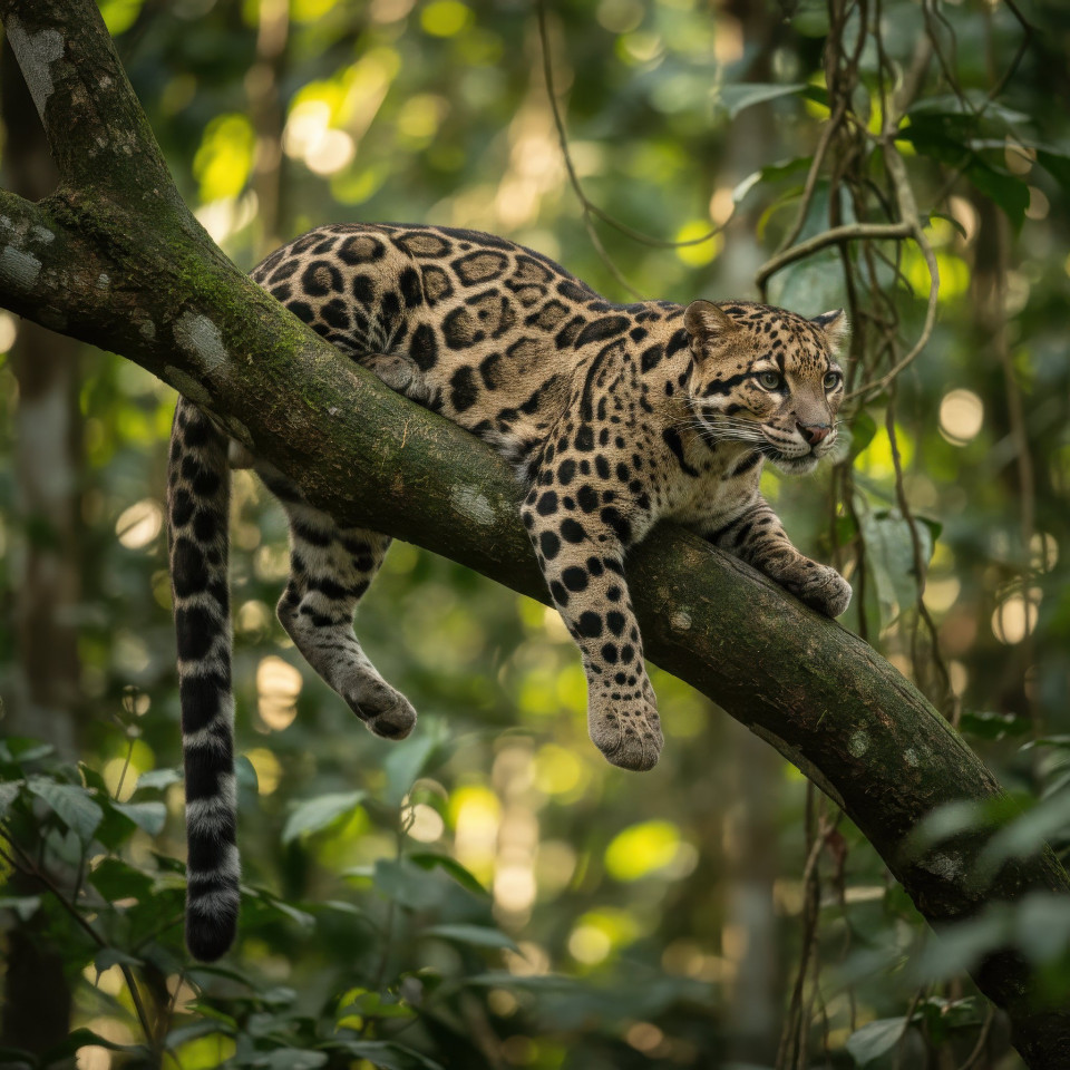 Clouded leopard in tropical rainforest golden hour google gemini prompt