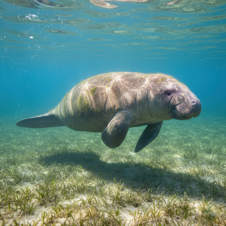 Manatee swimming over seagrass meadow google gemini prompt