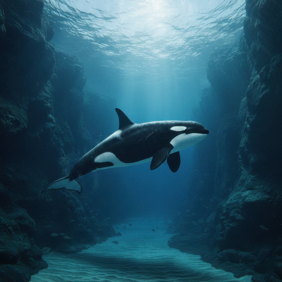 Killer whale swimming in deep ocean trench google gemini prompt
