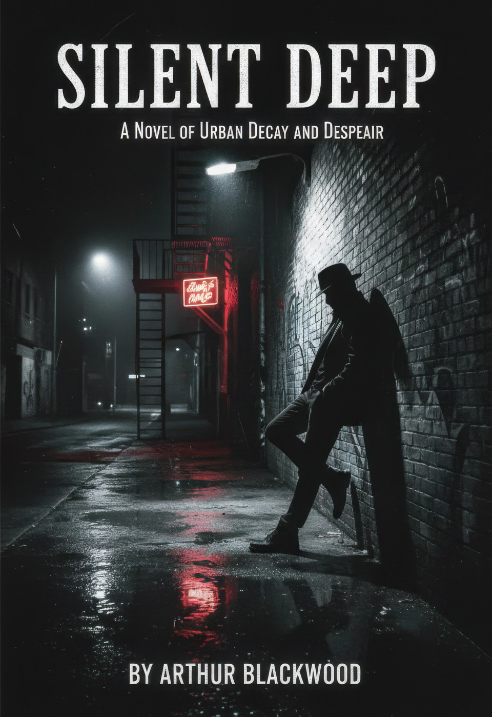 Shadowy city alley crime thriller book cover google gemini prompt