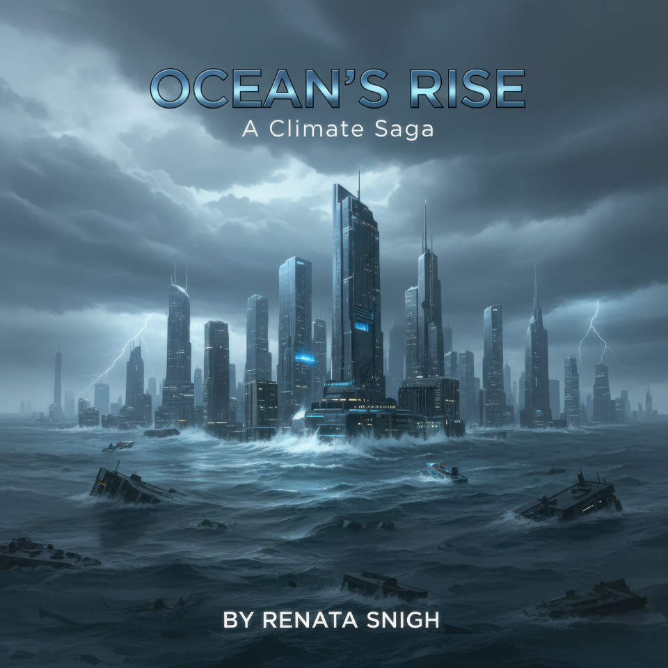 Flooded futuristic city climate fiction book cover google gemini prompt