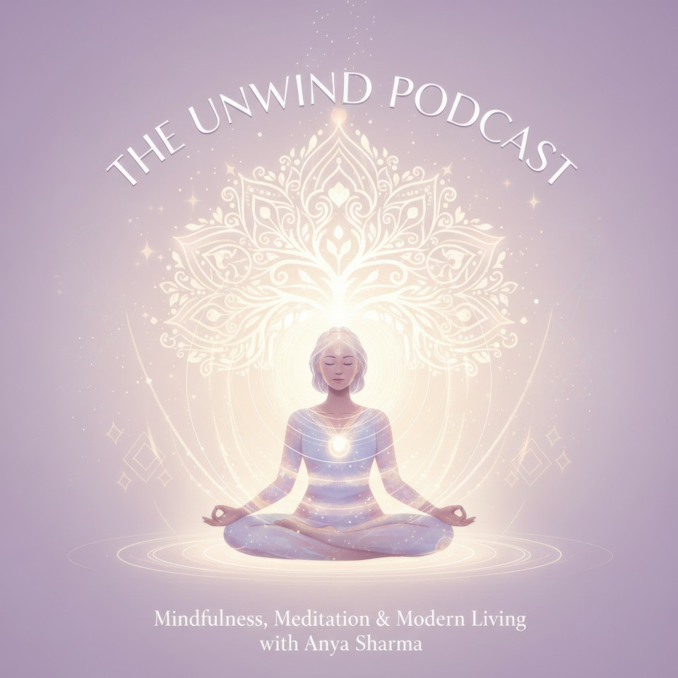 Meditating figure with light aura spiritual wellness podcast cover google gemini prompt