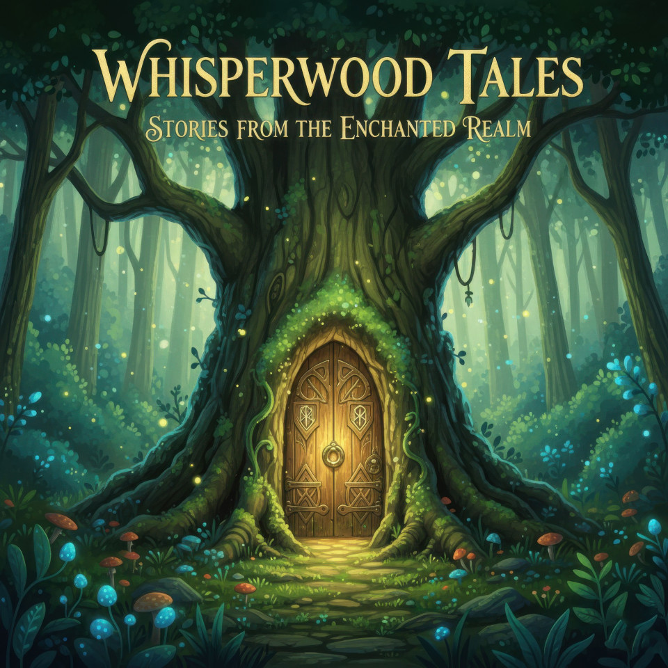 Enchanted forest doorway fantasy storytelling podcast cover google gemini prompt