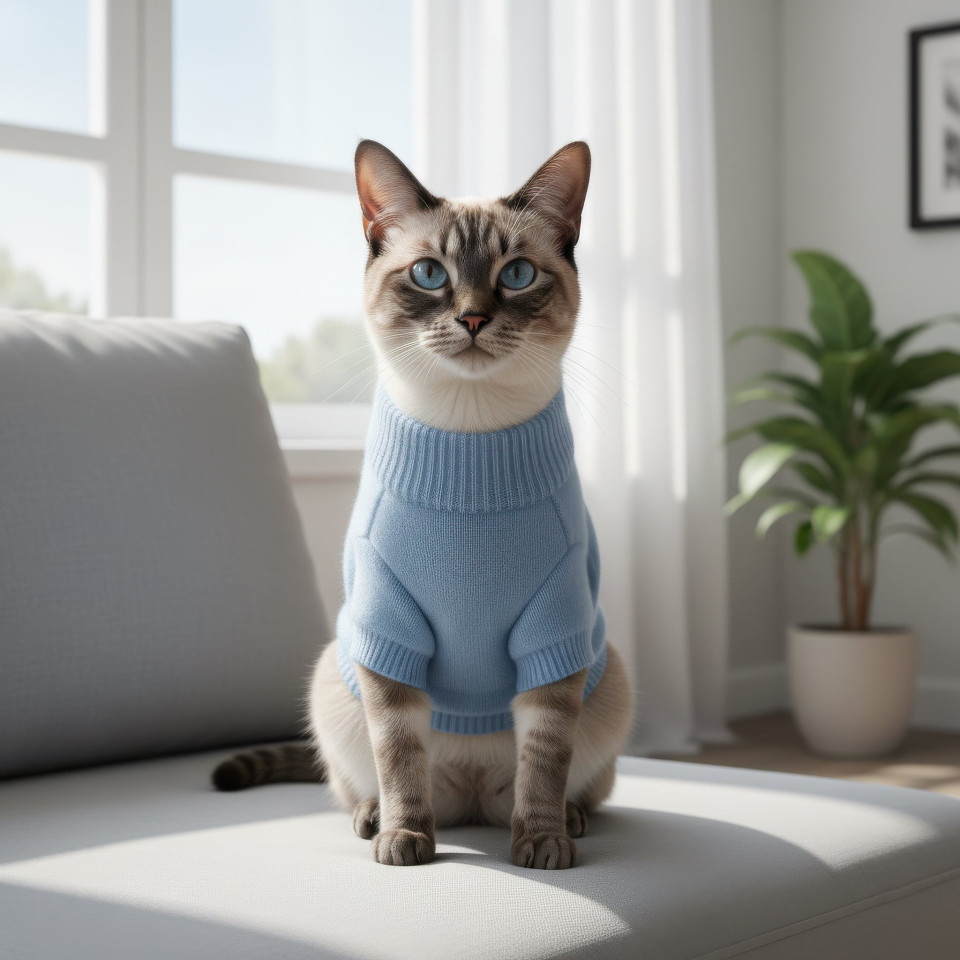 Siamese cat wearing cashmere sweater indoors google gemini prompt