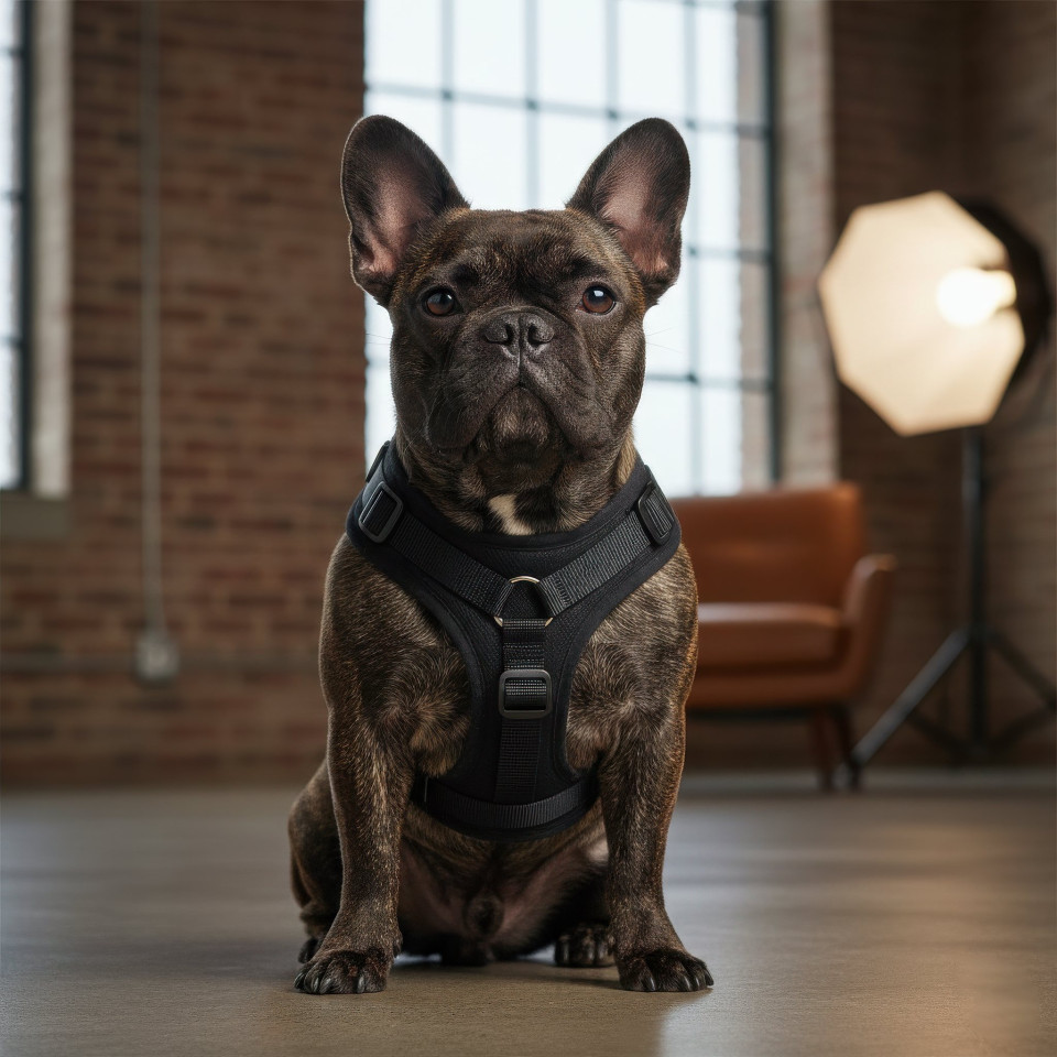 French bulldog wearing nylon harness indoors google gemini prompt