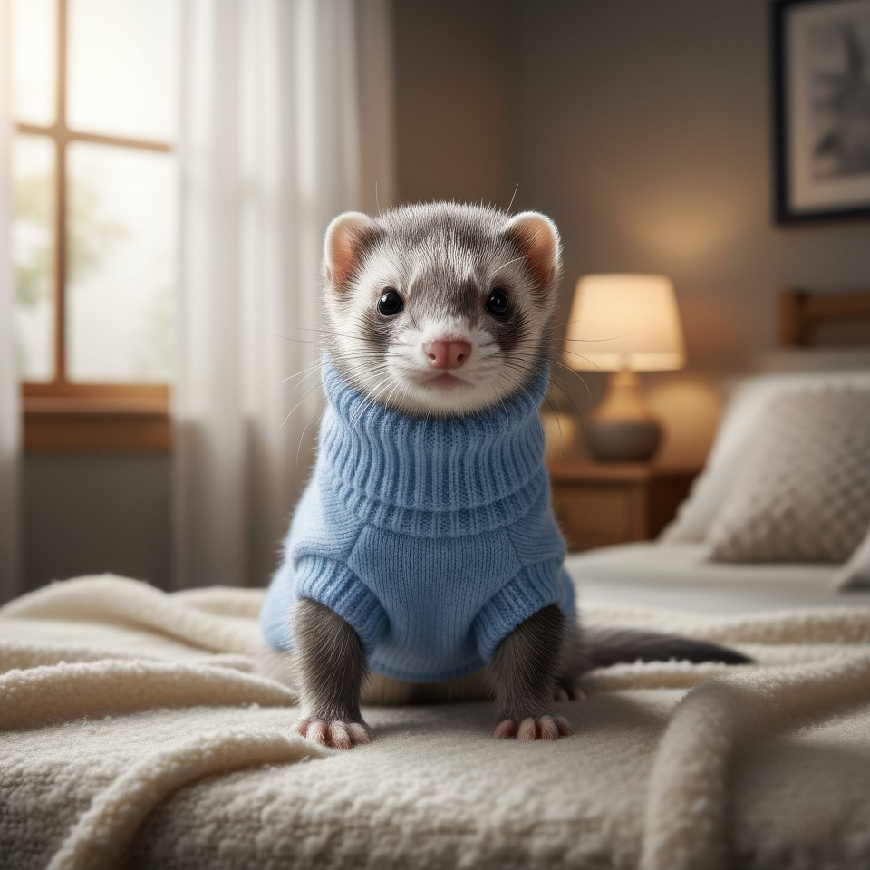 Ferret wearing knit sweater in bedroom google gemini prompt