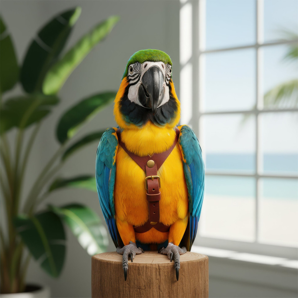 Blue and gold macaw wearing leather harness google gemini prompt