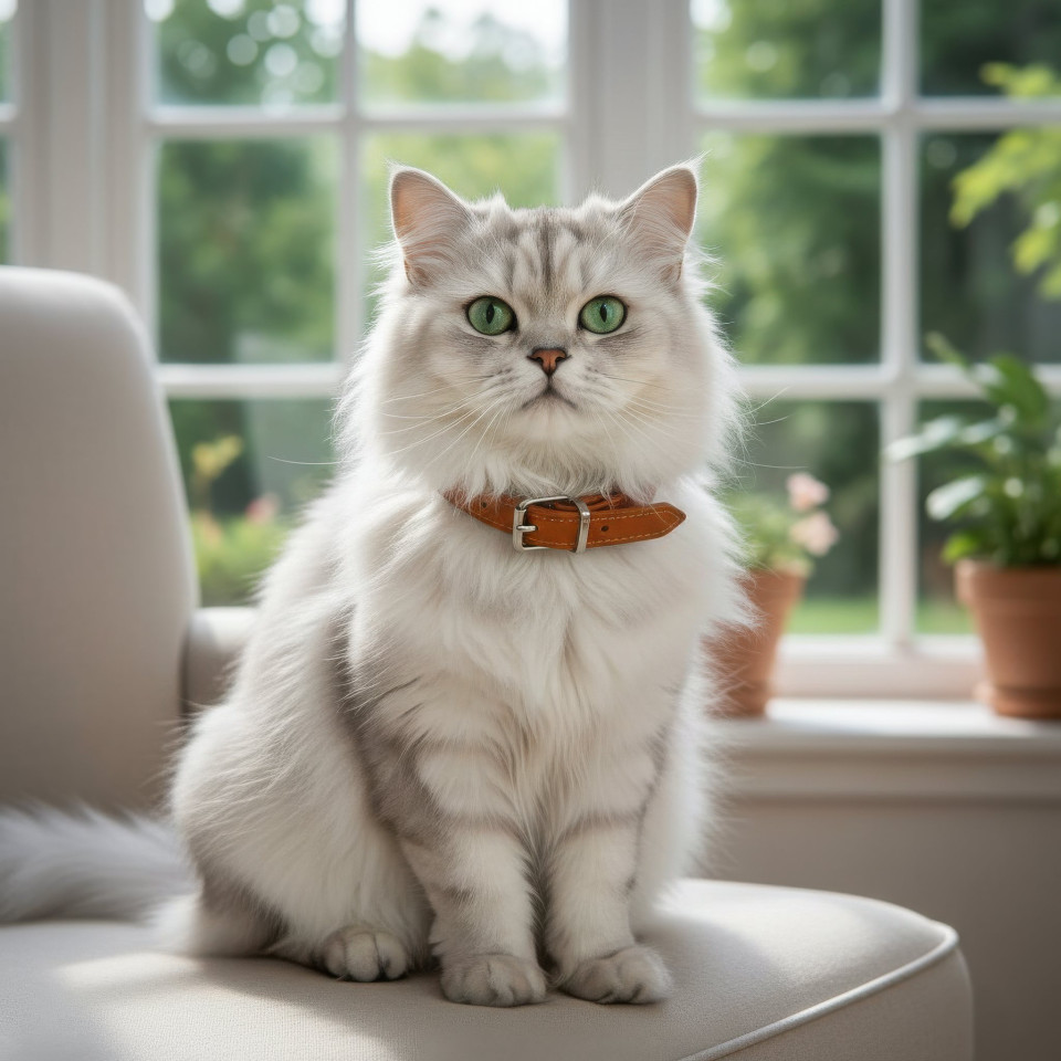Persian cat wearing leather collar in sunroom google gemini prompt