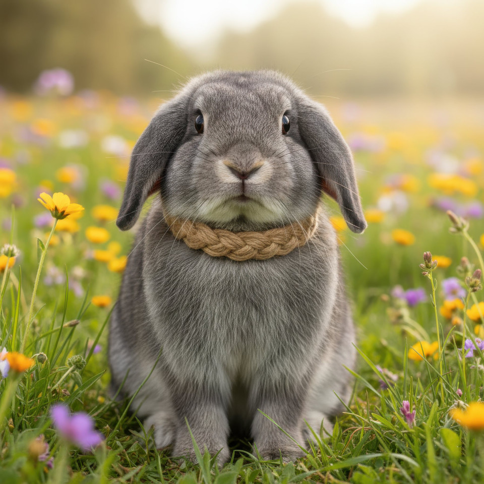 Holland lop rabbit wearing hemp collar outdoors google gemini prompt