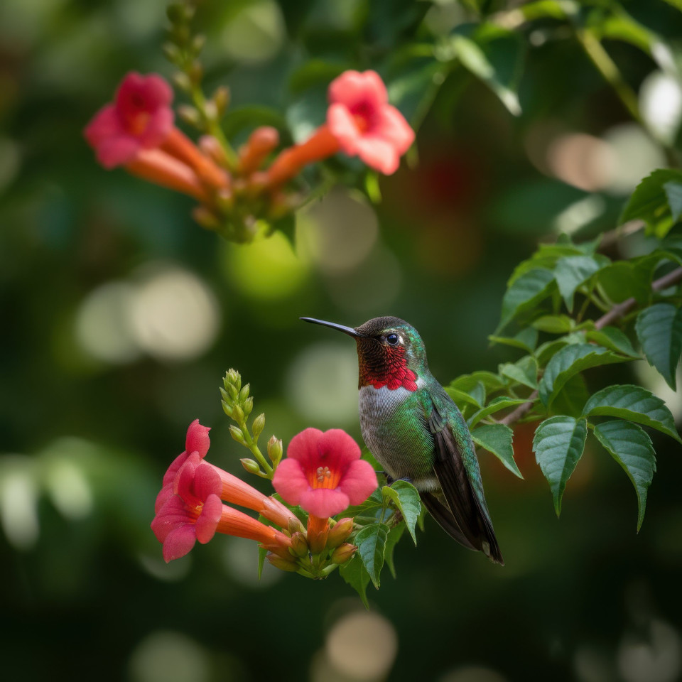 Ruby throated hummingbird on flowering branch google gemini prompt