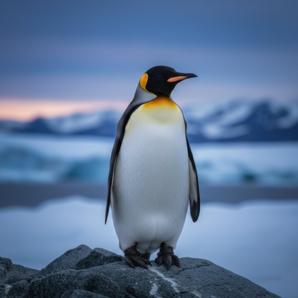 King penguin on icy rock at twilight google gemini prompt