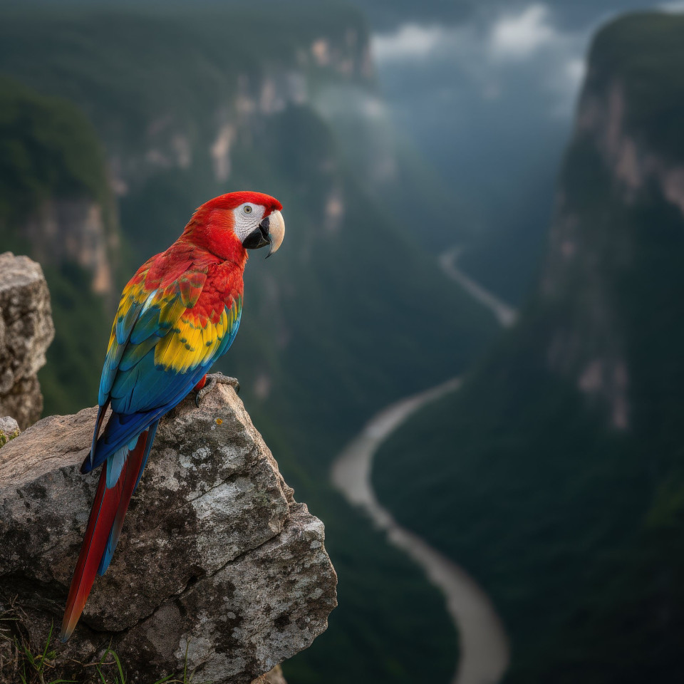 Scarlet macaw perched on tropical canyon cliff google gemini prompt