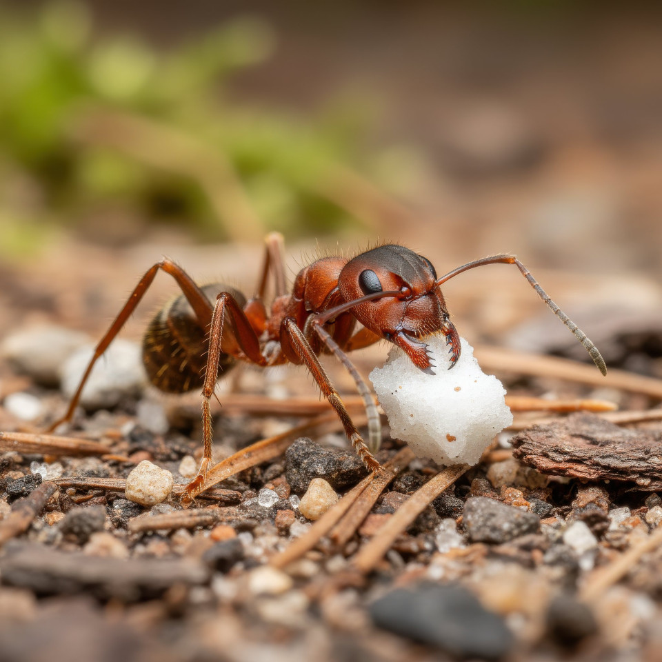 Ant carrying food on forest floor macro google gemini prompt