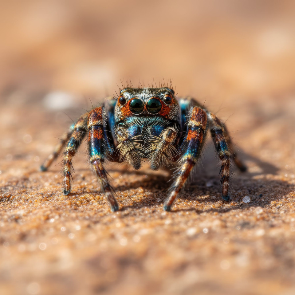 Jumping spider alert on sunlit rock macro google gemini prompt